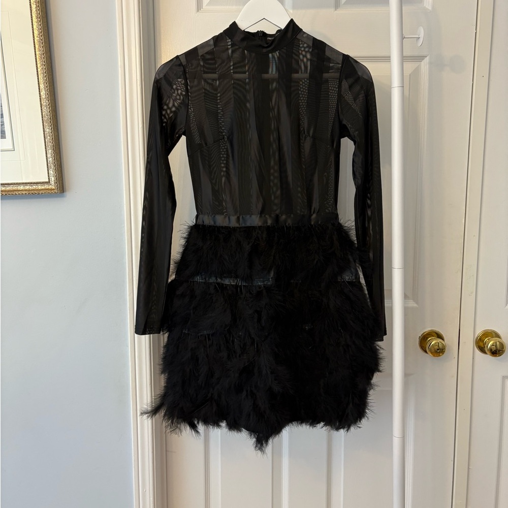 PrettyLittleThing Black Semi Sheer Feathered Long Sleeve Dress Size 0 - Picture 11 of 14